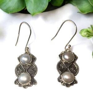 White Pearl And Sterling Silver Bali Style Dangle Earrings